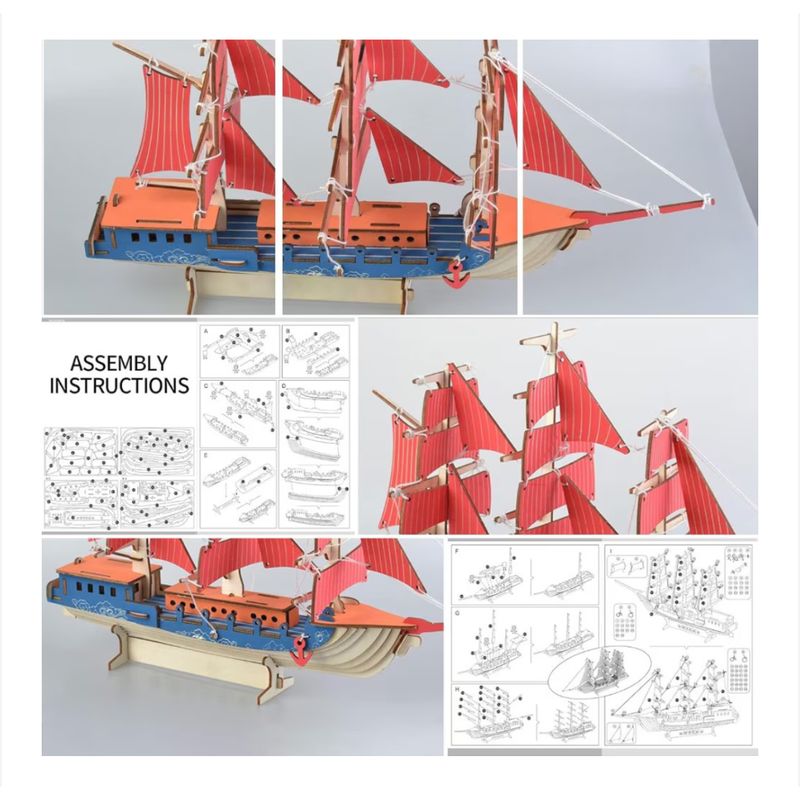 Jucarii, Copii si Bebe - Jucarii si jocuri - Jocuri si puzzle - Puzzle - Set de Construit din Lemn, Macheta 3D, Copii si Adulti, 77 piese, Vas cu Vele Rosii, 8+ ani - Infinity.ro