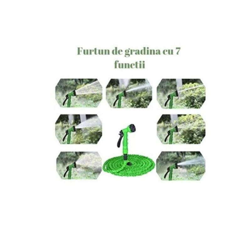 Casa si Gradina - Gradinarit si plante - Instalatii si accesorii pentru irigatii - Furtunuri de gradina si accesorii - Furtun de udat gradina extensibil cu 7 functii, cu conectori, 60m, Verde - Infinity.ro