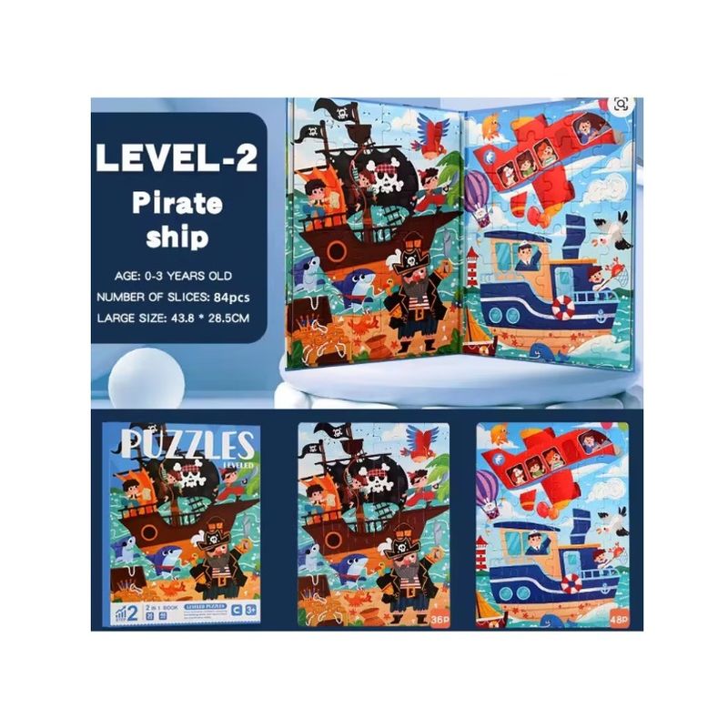 Jucarii, Copii si Bebe - Jucarii si jocuri - Jocuri si puzzle - Puzzle - Set Puzzle-uri Magnetice din Lemn tip Carte, 2 in 1, 36 si 48 piese, Nivel 2, Corabia Piratilor, Montessori - Infinity.ro