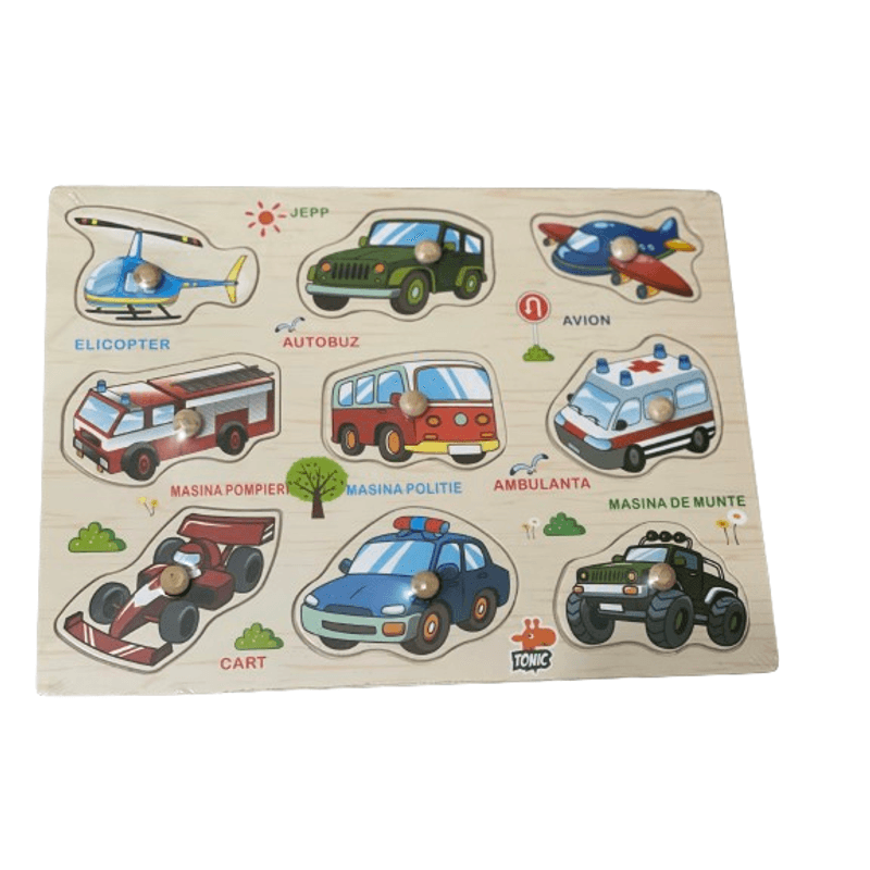Jucarii, Copii si Bebe - Jucarii si jocuri - Jocuri si puzzle - Puzzle - Puzzle incastru educativ din lemn, Vehicule, limba romana, Multicolor, 10 piese - Infinity.ro