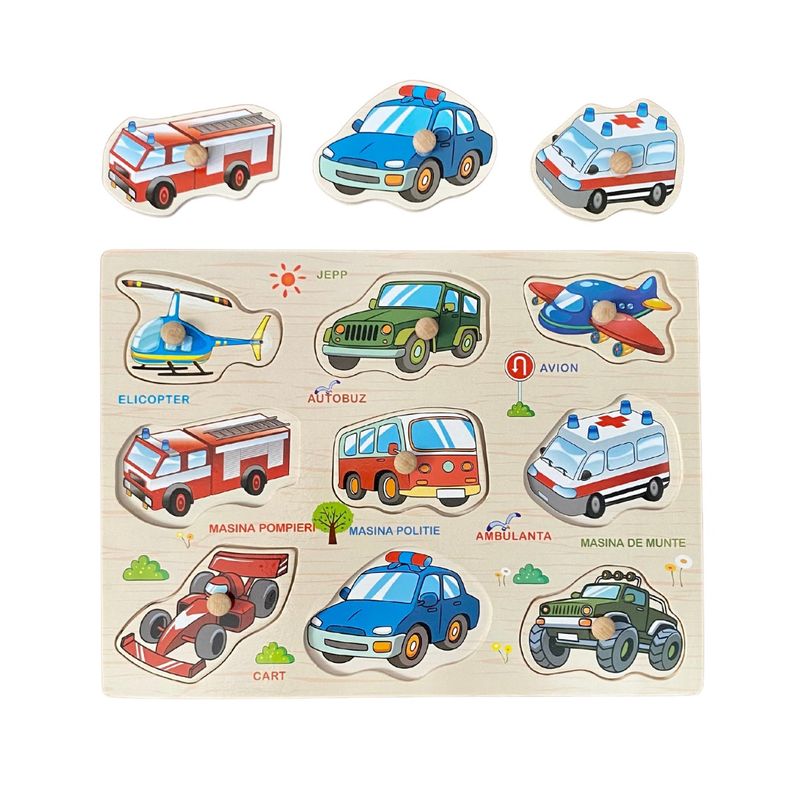 Jucarii, Copii si Bebe - Jucarii si jocuri - Jocuri si puzzle - Puzzle - Puzzle incastru educativ din lemn, Vehicule, limba romana, Multicolor, 10 piese - Infinity.ro