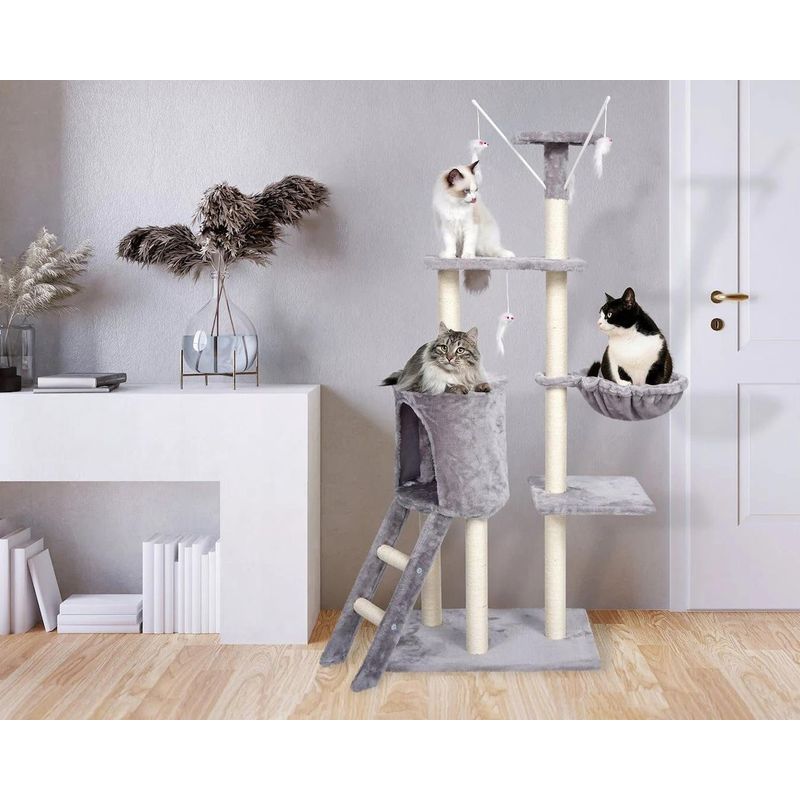 Petshop - Accesorii petshop - Jucarii animale - Ansambluri de joaca - Ansamblu de Joaca pentru Pisici cu Casuta, Hamac si Jucarii – Gri, 145 cm - Infinity.ro