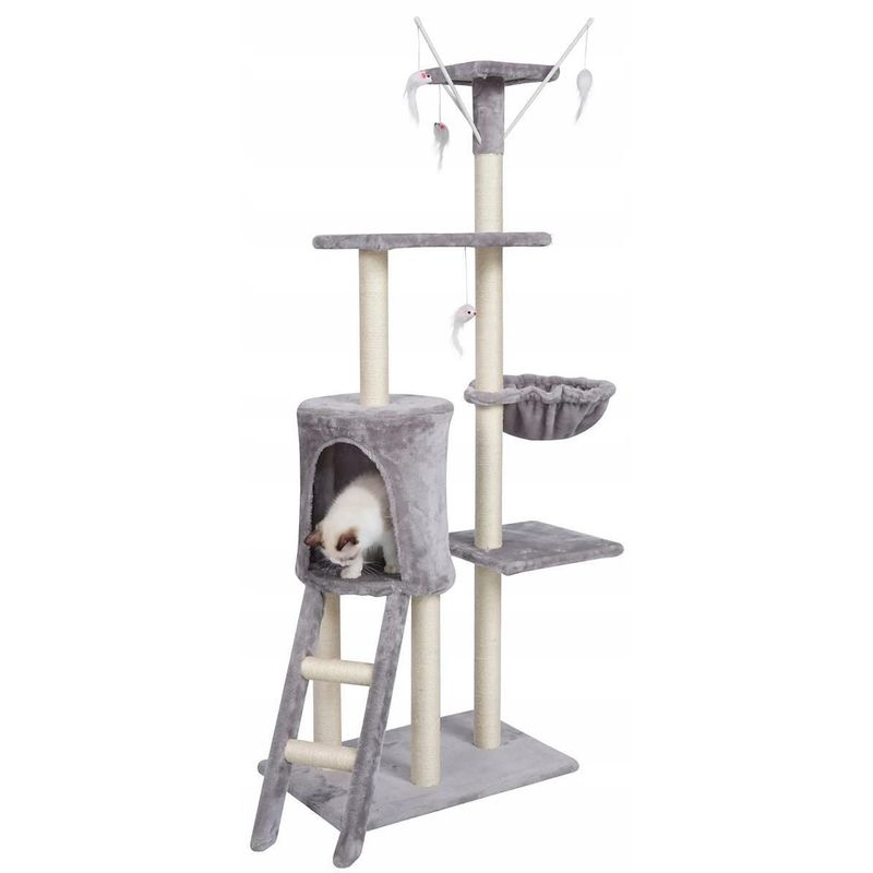 Petshop - Accesorii petshop - Jucarii animale - Ansambluri de joaca - Ansamblu de Joaca pentru Pisici cu Casuta, Hamac si Jucarii – Gri, 145 cm - Infinity.ro