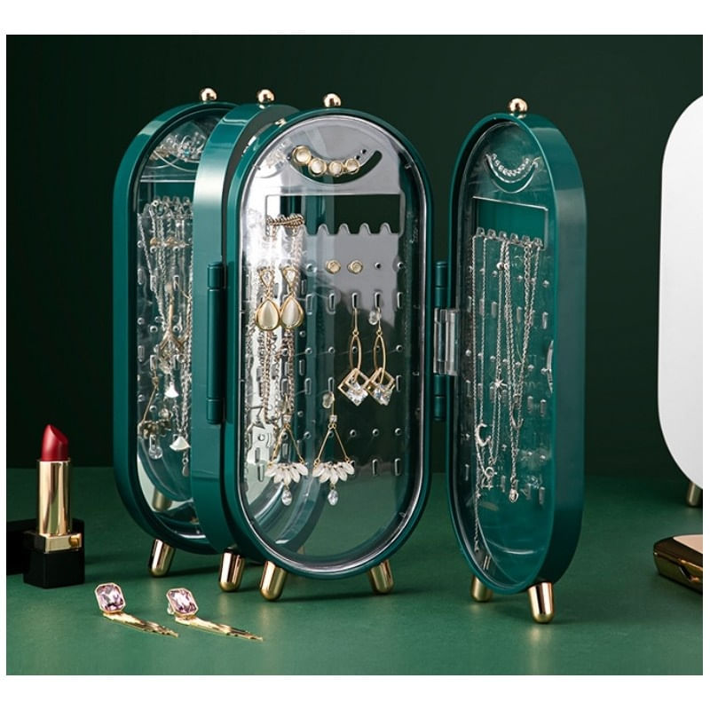 Fashion, accesorii si bijuterii - Femei - Bijuterii femei - Cutii bijuterii - Organizator pliabil pentru bijuterii, tip dulap Ecarla, culoarea verde, 23.5 cm. CB38ZIE - Infinity.ro