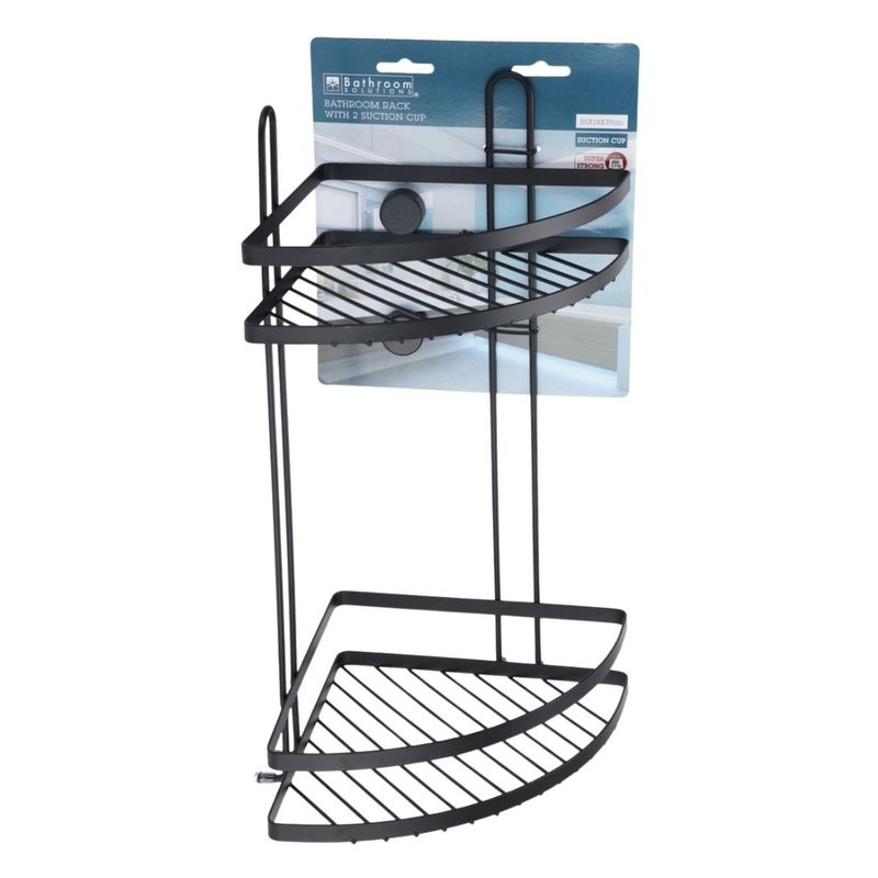 Casa si Gradina - Sanitare - Suporturi si accesorii baie - Accesorii baie - Etajera metalica de colt pentru baie, cu doua polite si ventuze, culoare negru, 25x18x37 cm - Infinity.ro