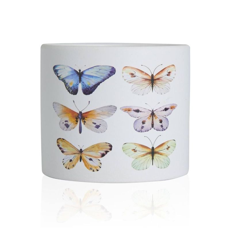 Casa si Gradina - Gradinarit si plante - Plante si ghivece - Ghivece si suporturi - Ghiveci decorativ ceramic, alb cu ilustratii cu fluturi, pentru plante si flori, design modern 13.5x12.5 cm - Infinity.ro