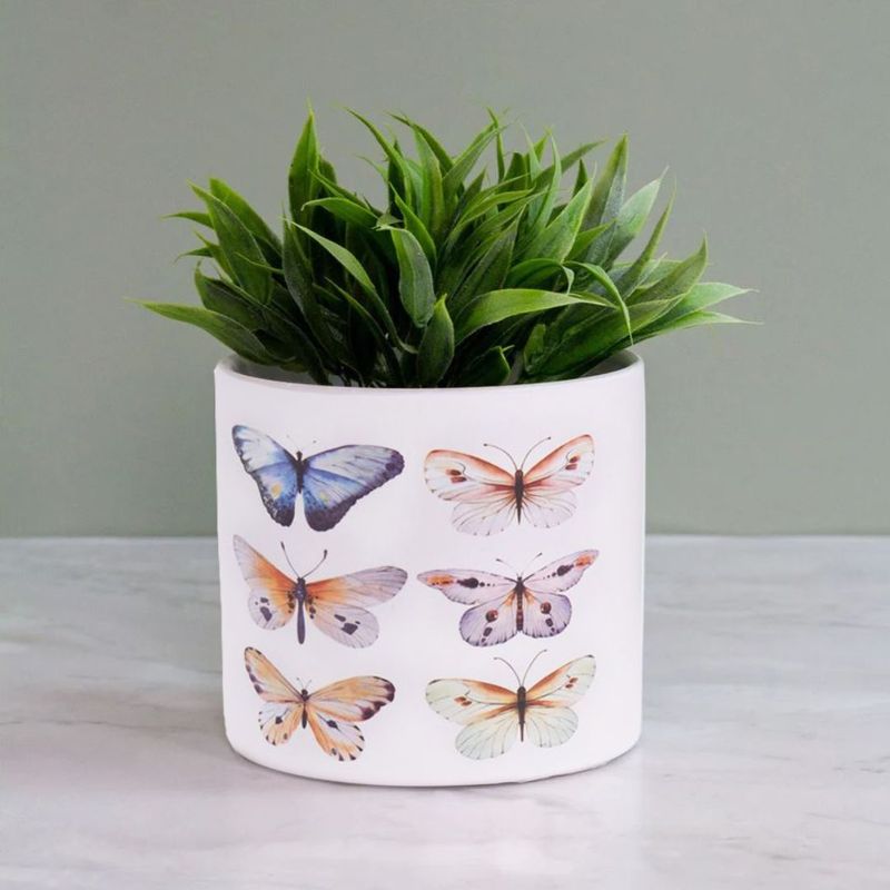 Casa si Gradina - Gradinarit si plante - Plante si ghivece - Ghivece si suporturi - Ghiveci decorativ ceramic, alb cu ilustratii cu fluturi, pentru plante si flori, design modern 13.5x12.5 cm - Infinity.ro