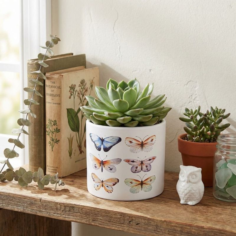 Casa si Gradina - Gradinarit si plante - Plante si ghivece - Ghivece si suporturi - Ghiveci decorativ ceramic, alb cu ilustratii cu fluturi, pentru plante si flori, design modern 13.5x12.5 cm - Infinity.ro