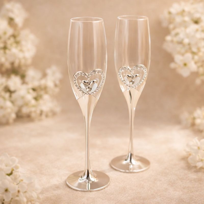 Casa si Gradina - Bucatarie si vesela - Cani si pahare - Pahare - Set pahare sampanie AZAY cu inima decorativa si cristale, 26.5 cm, pahare flute elegante - Infinity.ro