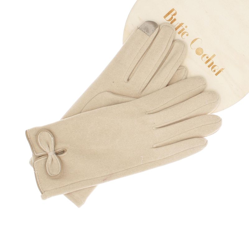 Fashion, accesorii si bijuterii - Femei - Accesorii femei - Manusi femei - Manusi dama, de iarna, din material sintetic si bumbac, cu degete, one size, cu fundita, Bej - MA367 - Infinity.ro