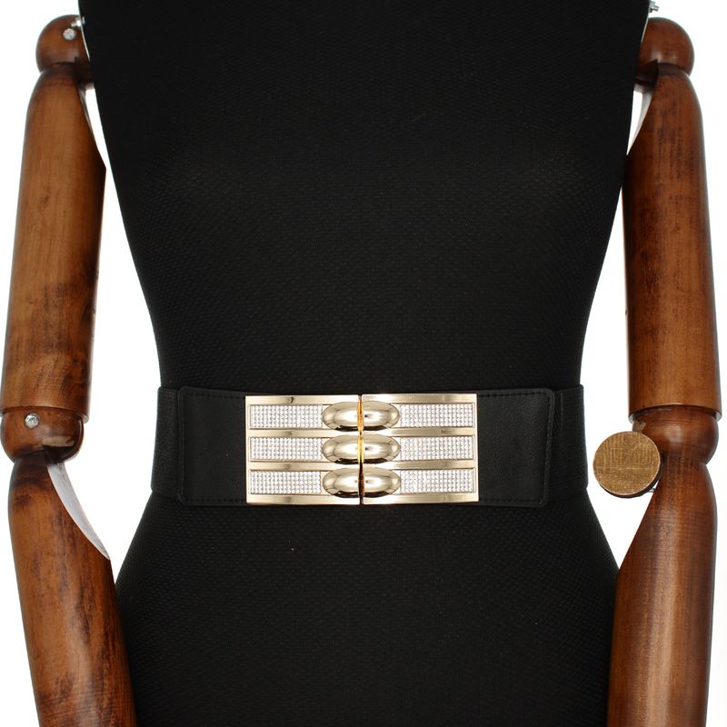 Fashion, accesorii si bijuterii - Femei - Accesorii femei - Curele femei - Curea lata tip centura, de dama, din material eleastic, one size, cu accesoriu metalic, Buticcochet, Negru cu Auriu - CRDD297 - Infinity.ro