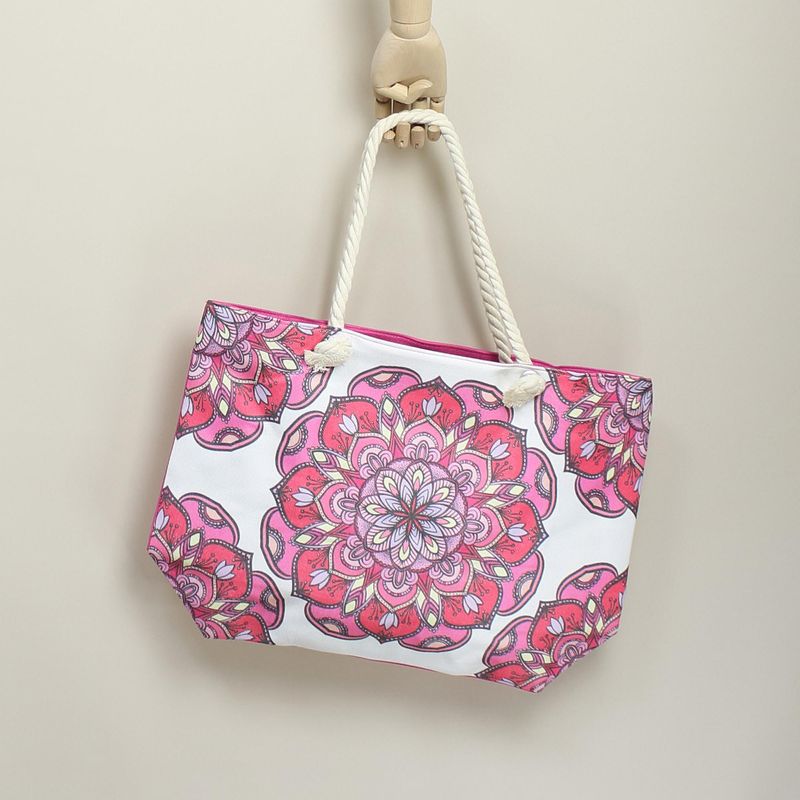 Fashion, accesorii si bijuterii - Femei - Accesorii femei - Genti si rucsacuri femei - Geanta de plaja, din material sintetic, ButicCochet, 55 x 37 cm, Alb cu roz - GND577 - Infinity.ro