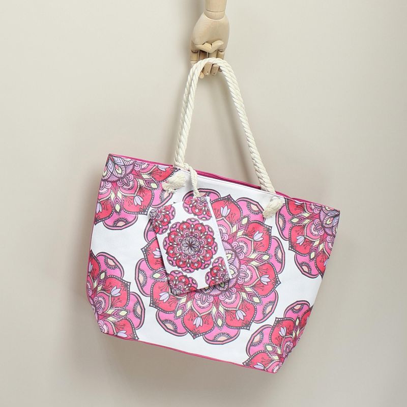 Fashion, accesorii si bijuterii - Femei - Accesorii femei - Genti si rucsacuri femei - Geanta de plaja, din material sintetic, ButicCochet, 55 x 37 cm, Alb cu roz - GND577 - Infinity.ro