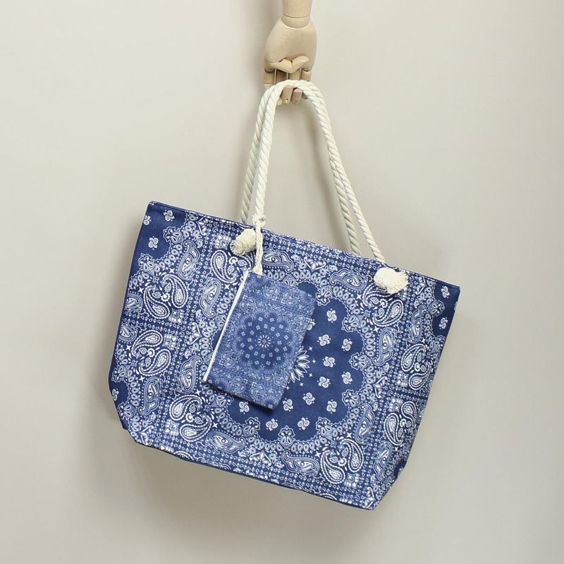 Fashion, accesorii si bijuterii - Femei - Accesorii femei - Genti si rucsacuri femei - Geanta de plaja, din material sintetic, ButicCochet, 55 x 37 cm, model mandala, Bleumarin - GND570 - Infinity.ro
