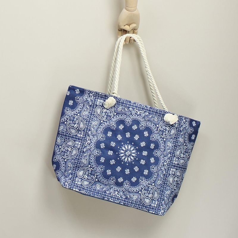 Fashion, accesorii si bijuterii - Femei - Accesorii femei - Genti si rucsacuri femei - Geanta de plaja, din material sintetic, ButicCochet, 55 x 37 cm, model mandala, Bleumarin - GND570 - Infinity.ro