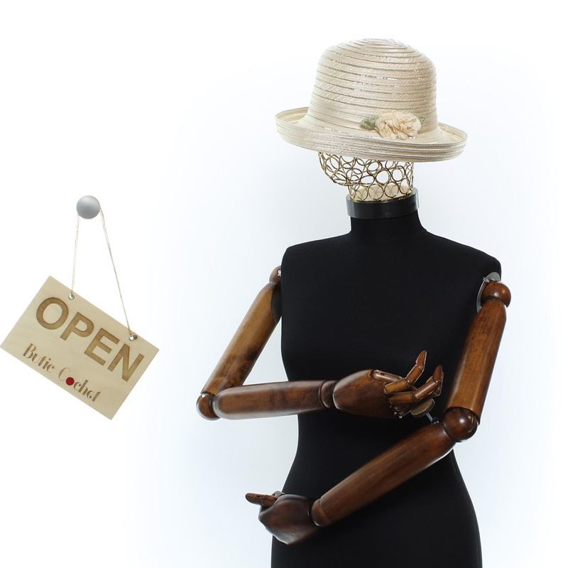 Fashion, accesorii si bijuterii - Femei - Accesorii femei - Caciuli si palarii femei - Palarie de dama, din poliester, Buticcochet, cu dungi si flori decorative, bor mic, One size, Bej - PAL1642 - Infinity.ro