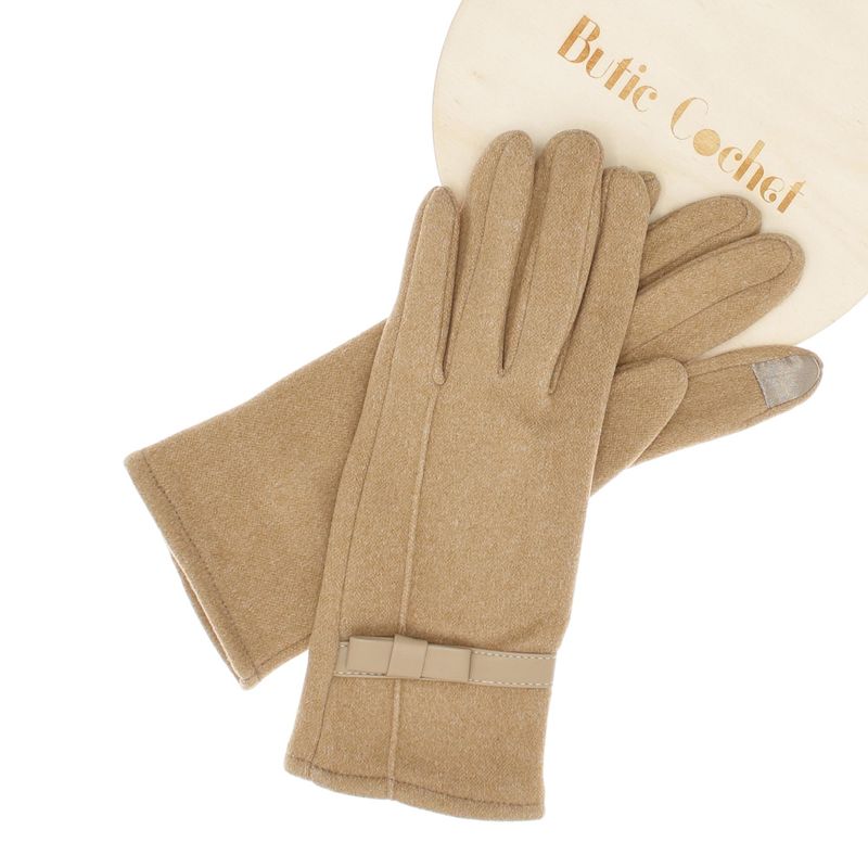 Fashion, accesorii si bijuterii - Femei - Accesorii femei - Manusi femei - Manusi dama, de iarna, din material sintetic si bumbac, cu degete, model cu fundita, one size, Bej inchis - MA323 - Infinity.ro