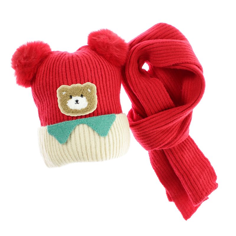 Fashion, accesorii si bijuterii - Copii - Accesorii copii - Caciuli si palarii copii - Set caciula si fular, pentru copii, Buticcochet, din viscoza si sintetic, model cu ursulet, Rosu - SETF281 - Infinity.ro