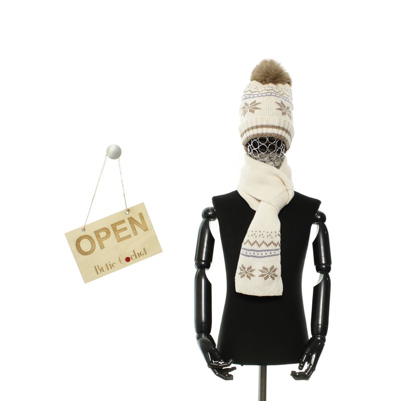 Fashion, accesorii si bijuterii - Copii - Accesorii copii - Caciuli si palarii copii - Set caciula si fular, pentru copii, Buticcochet, din viscoza si sintetic, model cu fulgi de nea, Bej - SETF305 - Infinity.ro