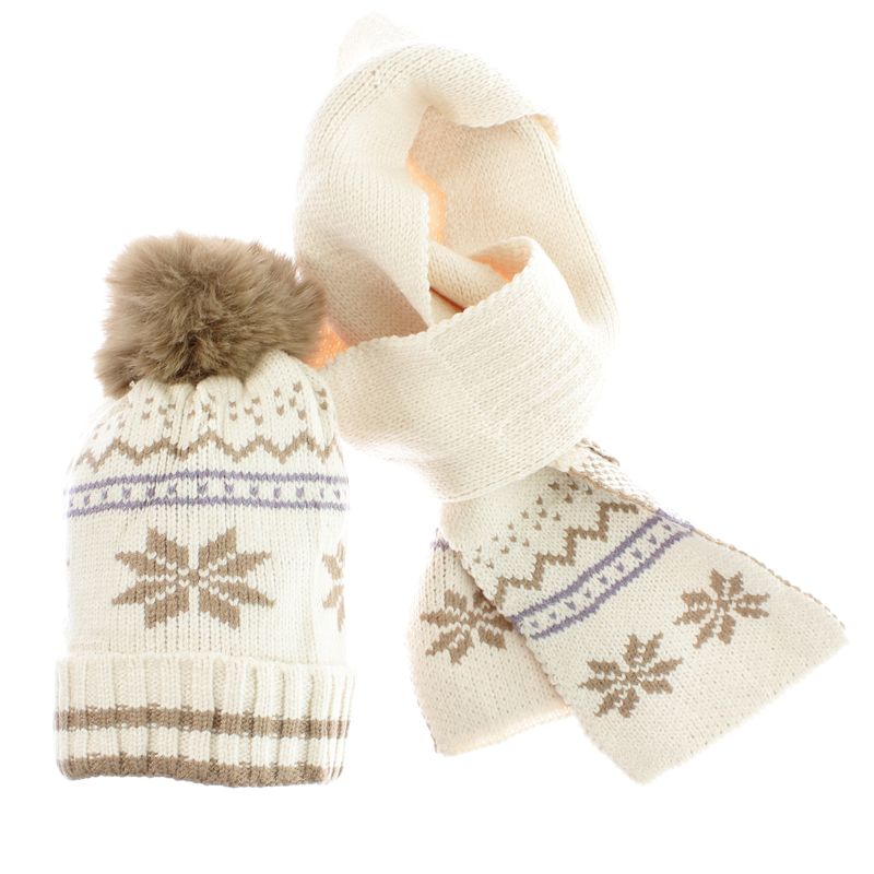 Fashion, accesorii si bijuterii - Copii - Accesorii copii - Caciuli si palarii copii - Set caciula si fular, pentru copii, Buticcochet, din viscoza si sintetic, model cu fulgi de nea, Bej - SETF305 - Infinity.ro