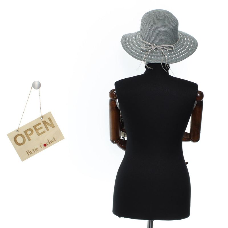 Fashion, accesorii si bijuterii - Femei - Accesorii femei - Caciuli si palarii femei - Palarie de soare, ButicCochet, dama, din paie de hartie, cu snur decorative, one size, Gri - PAL1814 - Infinity.ro