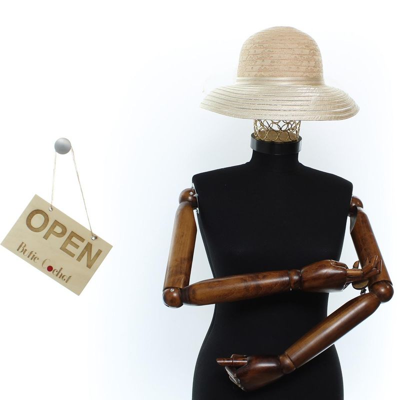 Fashion, accesorii si bijuterii - Femei - Accesorii femei - Caciuli si palarii femei - Palarie de dama, din poliester, Buticcochet, bor mic cu dungi si fundita, One size, Bej - PAL1682 - Infinity.ro