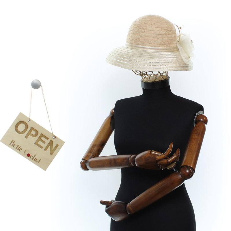 Fashion, accesorii si bijuterii - Femei - Accesorii femei - Caciuli si palarii femei - Palarie de dama, din poliester, Buticcochet, bor mic cu dungi si fundita, One size, Bej - PAL1682 - Infinity.ro