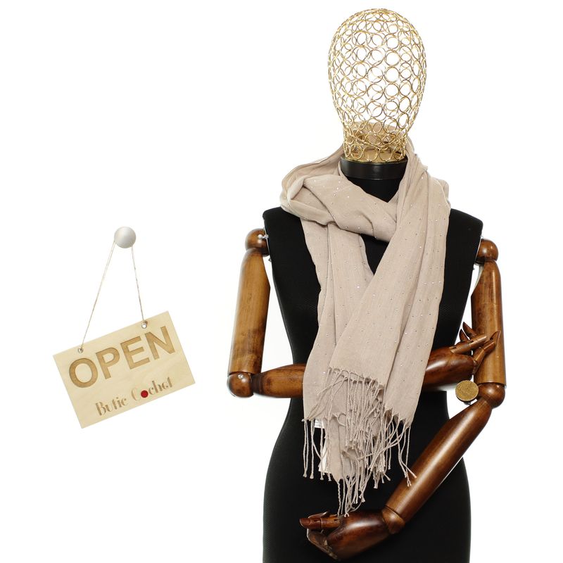 Fashion, accesorii si bijuterii - Femei - Accesorii femei - Esarfe si fulare femei - Esarfa de dama, din 30% viscoza 70% poliester, Buticcochet, 75x180 cm, model cu strasuri, Bej inchis - ES3254 - Infinity.ro