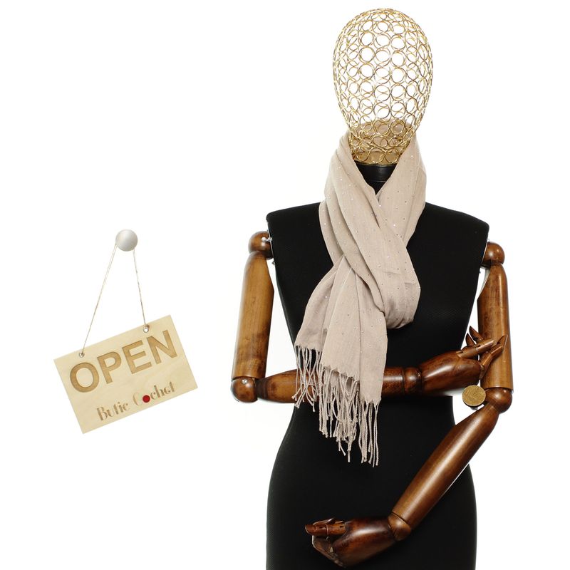 Fashion, accesorii si bijuterii - Femei - Accesorii femei - Esarfe si fulare femei - Esarfa de dama, din 30% viscoza 70% poliester, Buticcochet, 75x180 cm, model cu strasuri, Bej inchis - ES3254 - Infinity.ro