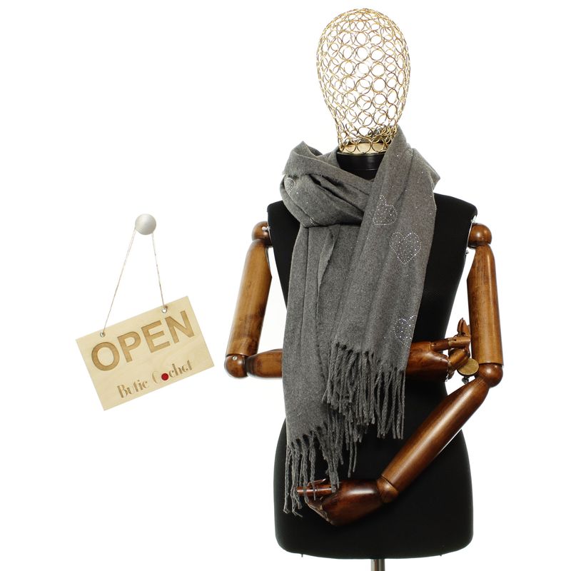 Fashion, accesorii si bijuterii - Femei - Accesorii femei - Esarfe si fulare femei - Esarfa dama, din lana, Buticcochet, 70x190 cm, model cu inimioare, Gri - ES3134 - Infinity.ro