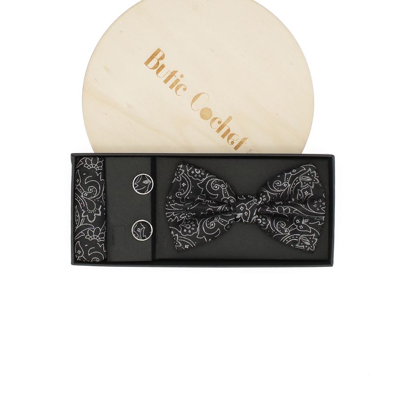 Fashion, accesorii si bijuterii - Barbati - Accesorii barbati - Cravate si papioane barbati - Set 3 piese, papion, butoni si batista, pentru barbati, ButicCochet, Negru - SETP291 - Infinity.ro