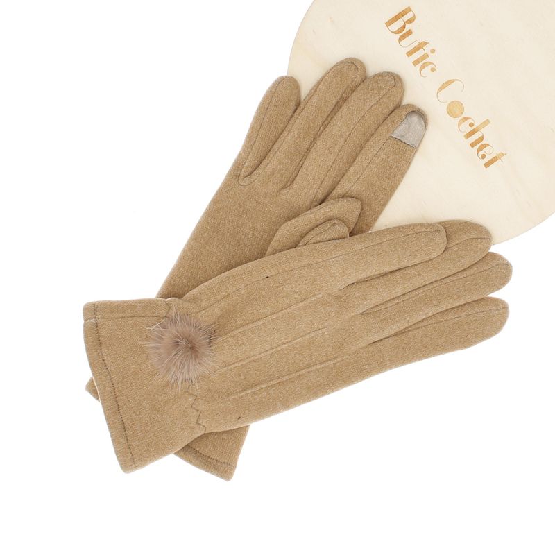 Fashion, accesorii si bijuterii - Femei - Accesorii femei - Manusi femei - Manusi dama, de iarna, din material sintetic si bumbac, cu degete, model cu ciucure, one size, Bej inchis - MA335 - Infinity.ro
