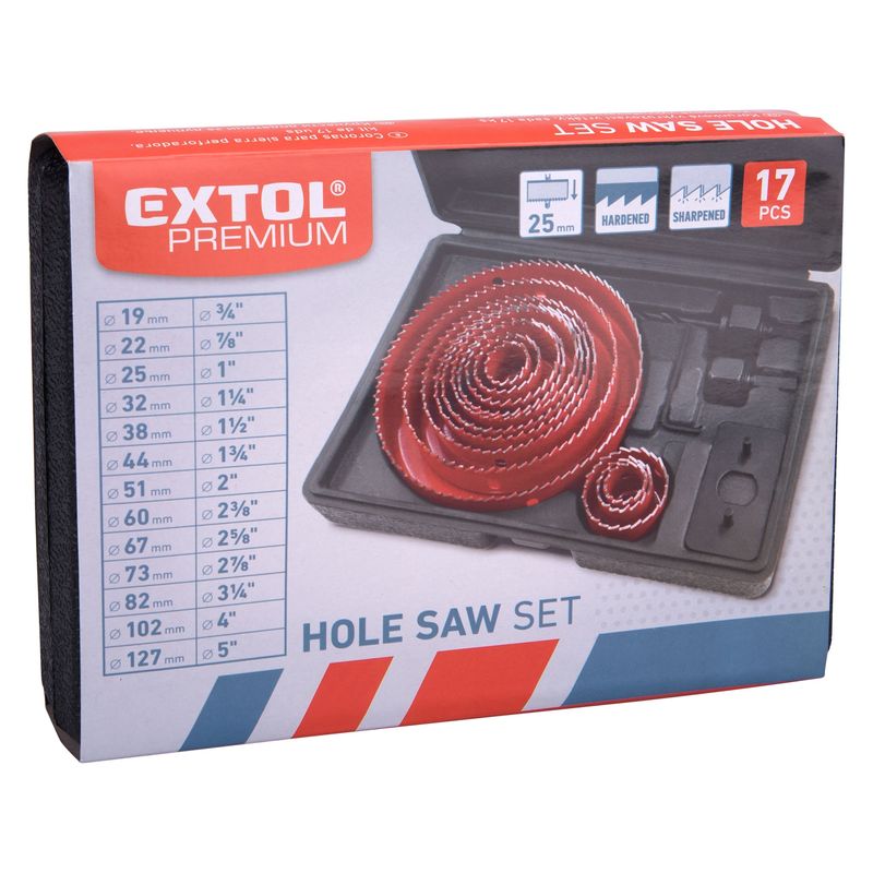 Casa si Gradina - Constructii - Scule electrice si accesorii - Seturi si accesorii pentru gaurit si insurubat - Set fierastraie carotate 17 piese, EXTOL PREMIUM, 8801605, 13 diametre 19-127mm, inaltime coroana 25mm - Infinity.ro