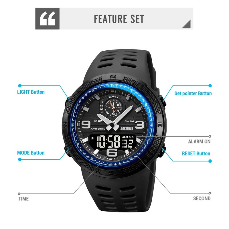 Fashion, accesorii si bijuterii - Barbati - Bijuterii barbati - Ceasuri barbati - Ceas barbatesc de mana Skmei Sport Fashion Casual Digital Dual Display Multifunctional Negru Albastru - Infinity.ro