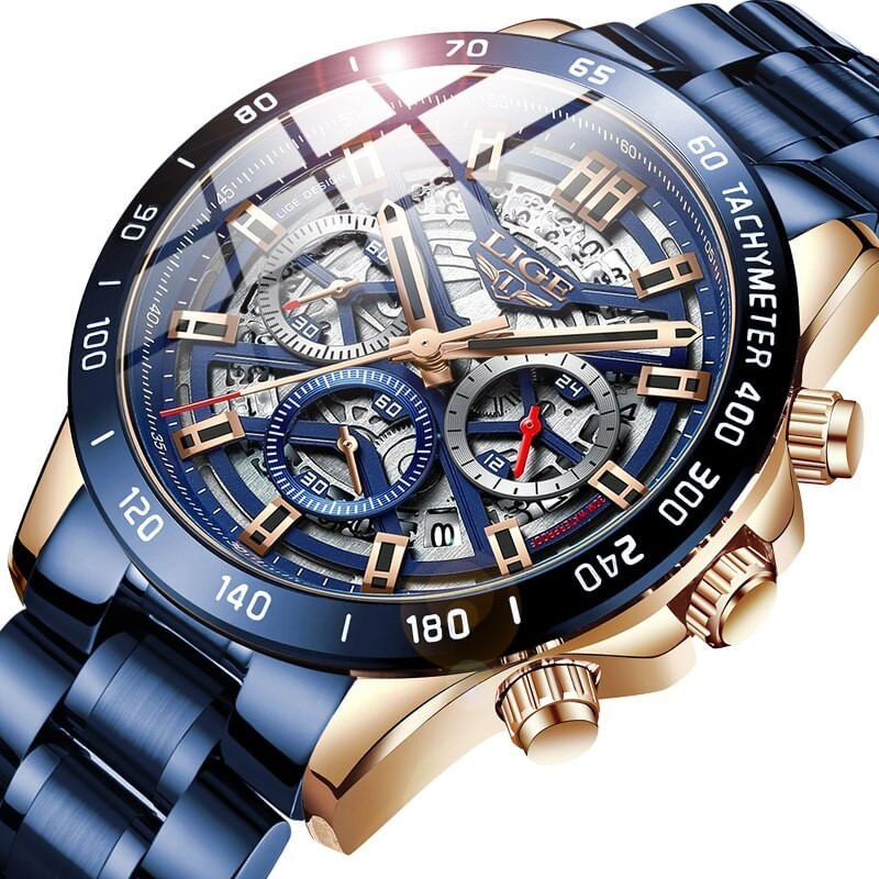 Fashion, accesorii si bijuterii - Barbati - Bijuterii barbati - Ceasuri barbati - Ceas barbatesc Lige Cronograf Elegant Quartz Analog Otel Albastru - Infinity.ro