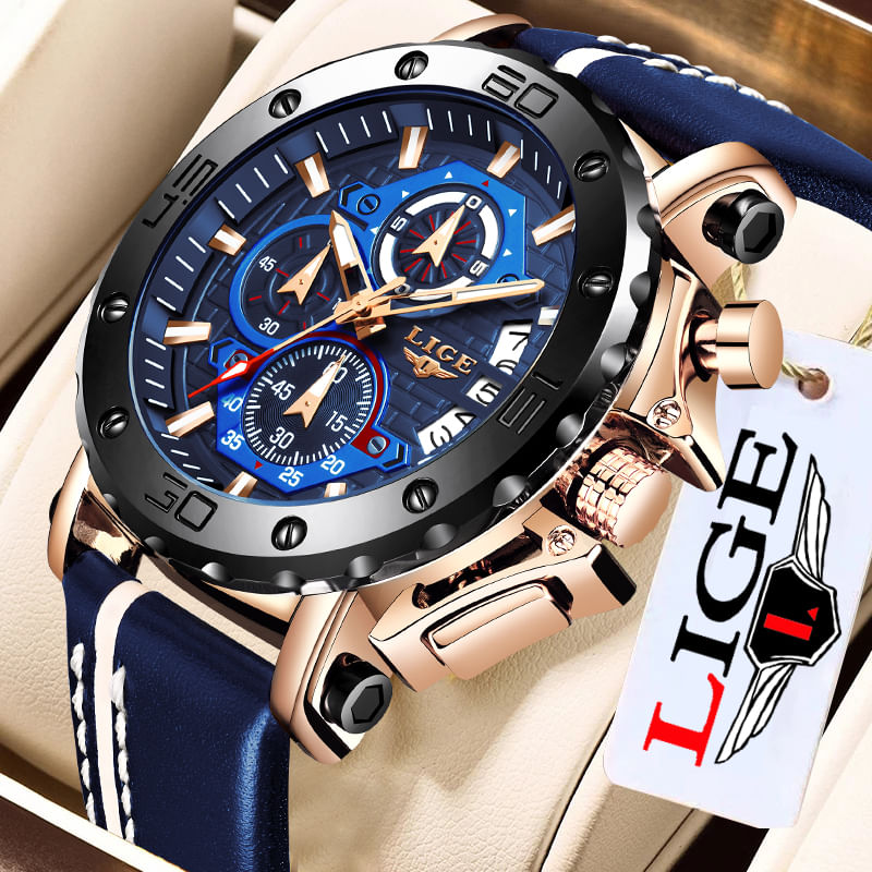 Fashion, accesorii si bijuterii - Barbati - Bijuterii barbati - Ceasuri barbati - Ceas barbatesc Lige Cronograf  Data Piele Cronometru Albastru inchis - Infinity.ro