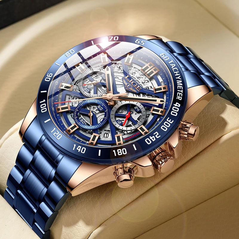 Fashion, accesorii si bijuterii - Barbati - Bijuterii barbati - Ceasuri barbati - Ceas barbatesc Lige Cronograf Elegant Quartz Analog Otel Albastru - Infinity.ro