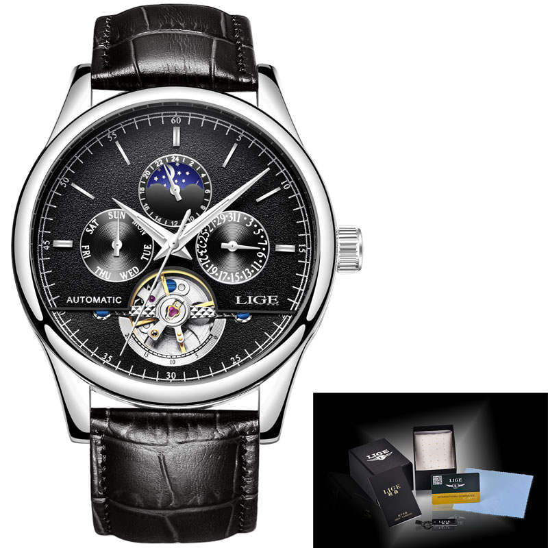 Fashion, accesorii si bijuterii - Barbati - Bijuterii barbati - Ceasuri barbati - Ceas barbatesc Lige Mecanic Automatic Curea piele Neagra Mecanism Tourbillion Data - Infinity.ro