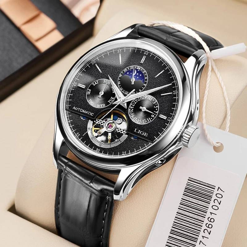 Fashion, accesorii si bijuterii - Barbati - Bijuterii barbati - Ceasuri barbati - Ceas barbatesc Lige Mecanic Automatic Curea piele Neagra Mecanism Tourbillion Data - Infinity.ro