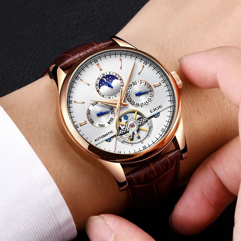 Fashion, accesorii si bijuterii - Barbati - Bijuterii barbati - Ceasuri barbati - Ceas barbatesc Lige Mecanic Automatic Curea piele Maro Mecanism Tourbillion Data - Infinity.ro