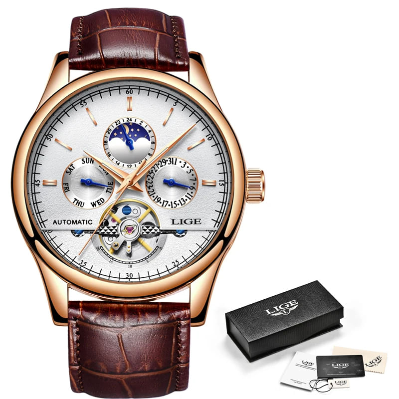 Fashion, accesorii si bijuterii - Barbati - Bijuterii barbati - Ceasuri barbati - Ceas barbatesc Lige Mecanic Automatic Curea piele Maro Mecanism Tourbillion Data - Infinity.ro