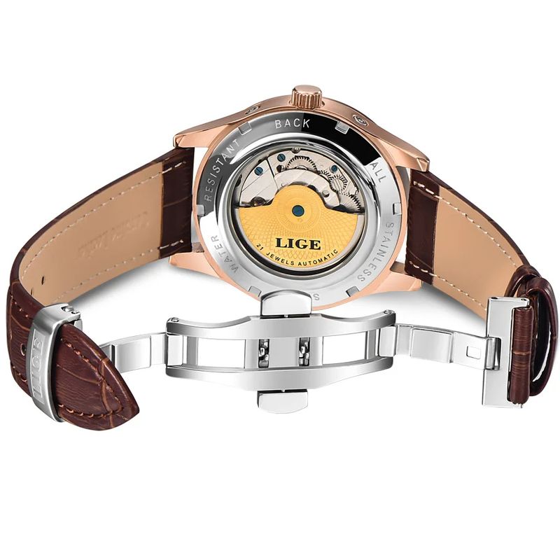 Fashion, accesorii si bijuterii - Barbati - Bijuterii barbati - Ceasuri barbati - Ceas barbatesc Lige Mecanic Automatic Curea piele Maro Mecanism Tourbillion Data - Infinity.ro