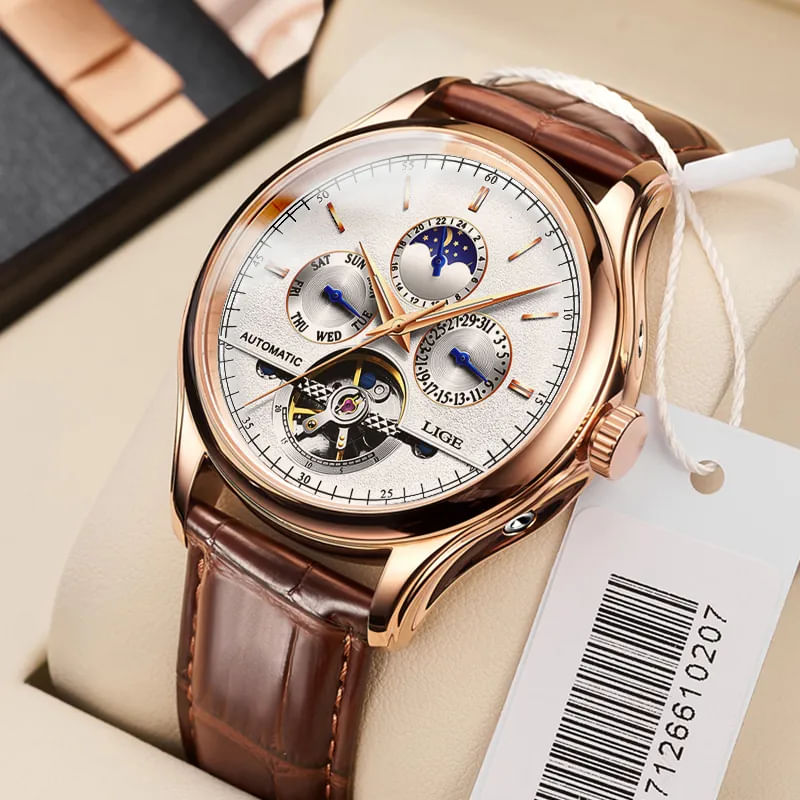 Fashion, accesorii si bijuterii - Barbati - Bijuterii barbati - Ceasuri barbati - Ceas barbatesc Lige Mecanic Automatic Curea piele Maro Mecanism Tourbillion Data - Infinity.ro
