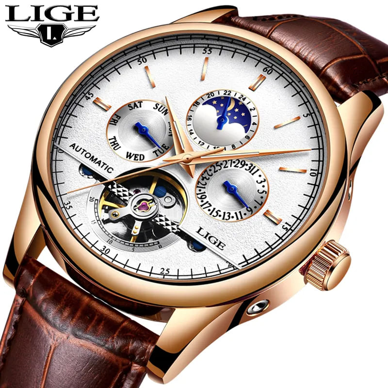 Fashion, accesorii si bijuterii - Barbati - Bijuterii barbati - Ceasuri barbati - Ceas barbatesc Lige Mecanic Automatic Curea piele Maro Mecanism Tourbillion Data - Infinity.ro