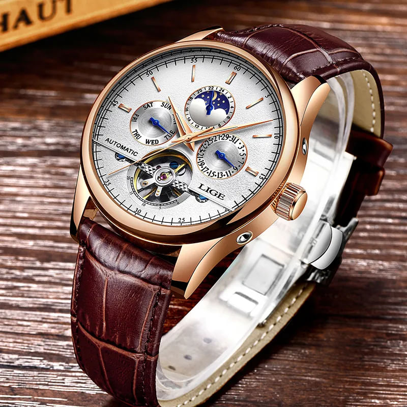 Fashion, accesorii si bijuterii - Barbati - Bijuterii barbati - Ceasuri barbati - Ceas barbatesc Lige Mecanic Automatic Curea piele Maro Mecanism Tourbillion Data - Infinity.ro