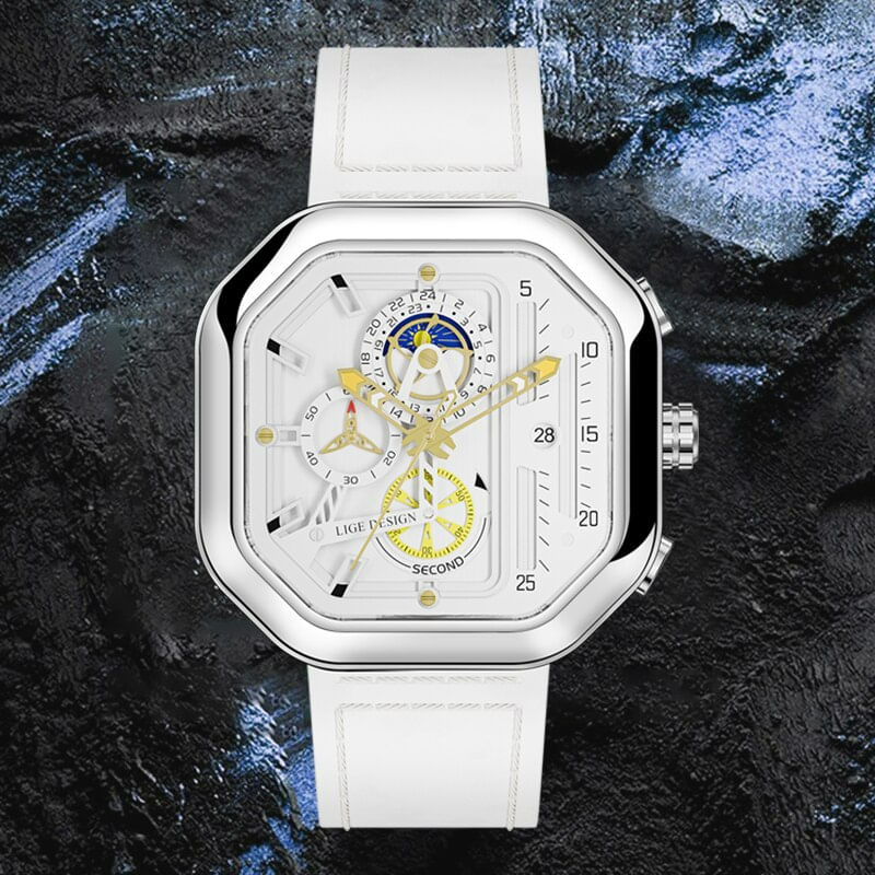 Fashion, accesorii si bijuterii - Barbati - Bijuterii barbati - Ceasuri barbati - Ceas barbatesc Lige Octogon Piele Cronograf Data Alb - Infinity.ro