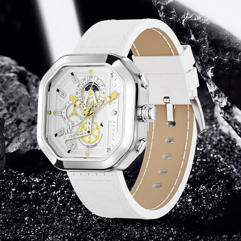 Fashion, accesorii si bijuterii - Barbati - Bijuterii barbati - Ceasuri barbati - Ceas barbatesc Lige Octogon Piele Cronograf Data Alb - Infinity.ro