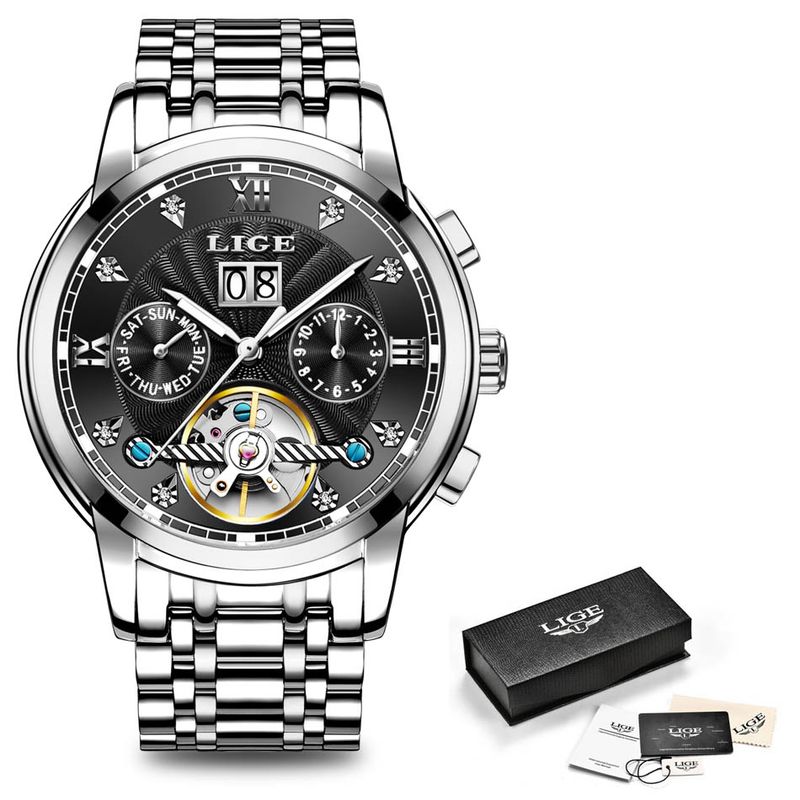 Fashion, accesorii si bijuterii - Barbati - Bijuterii barbati - Ceasuri barbati - Ceas barbatesc mecanic automatic Lige Data Skeleton Argintiu - Infinity.ro