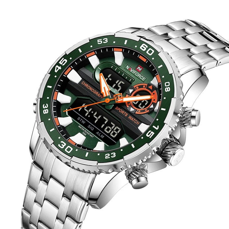 Fashion, accesorii si bijuterii - Barbati - Bijuterii barbati - Ceasuri barbati - Ceas barbatesc Naviforce Dual Alarma Time Data Luxury Militar Otel Argintiu Verde - Infinity.ro