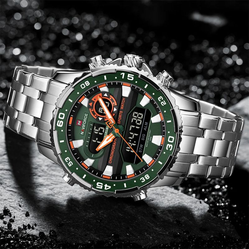 Fashion, accesorii si bijuterii - Barbati - Bijuterii barbati - Ceasuri barbati - Ceas barbatesc Naviforce Dual Alarma Time Data Luxury Militar Otel Argintiu Verde - Infinity.ro